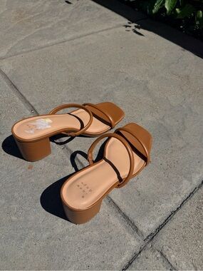 a new day Tan Strappy Block Heel Mules